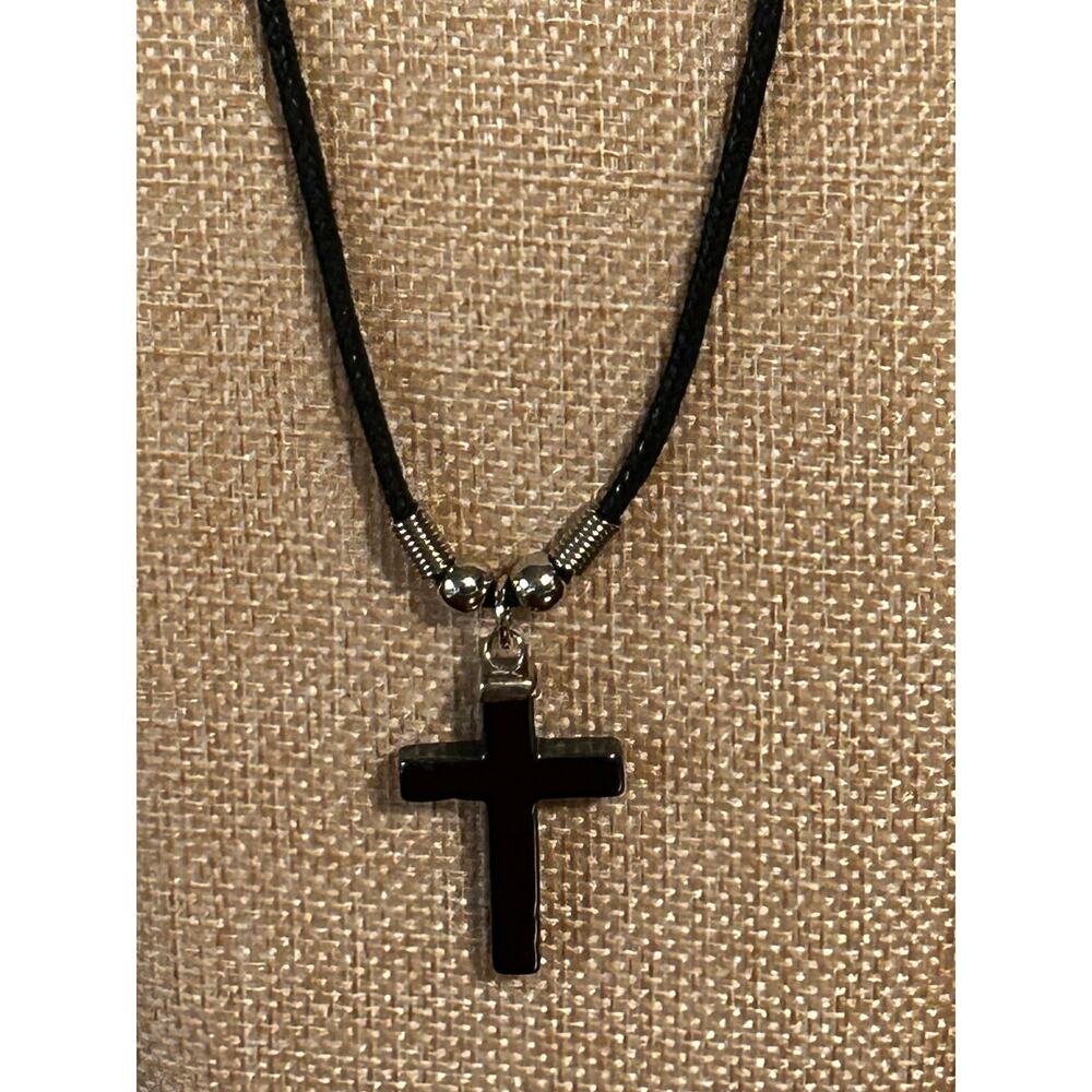 Accents Kingdom 16 Inch Metallic Black Hematite Cross Pendant Gunmetal Finish - Picture 3 of 4